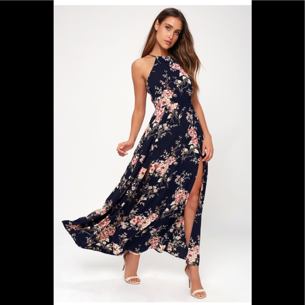Feel the Music Midnight Blue Floral Print Maxi Dress